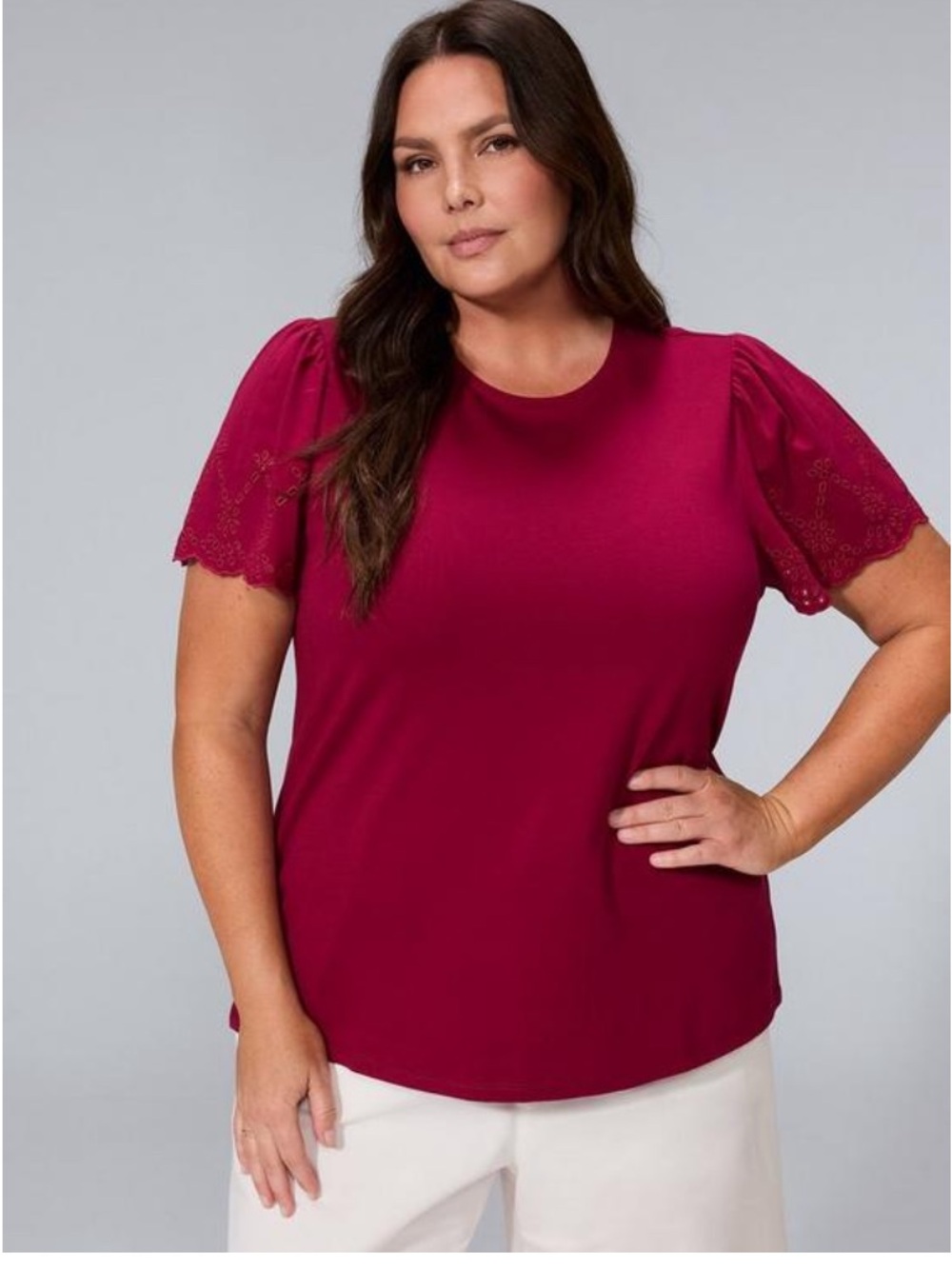 Torrid Belle Isle Eyelet Sleeve Top Size 00 (10) Beet Red 100% Cotton NWT - Picture 6 of 6